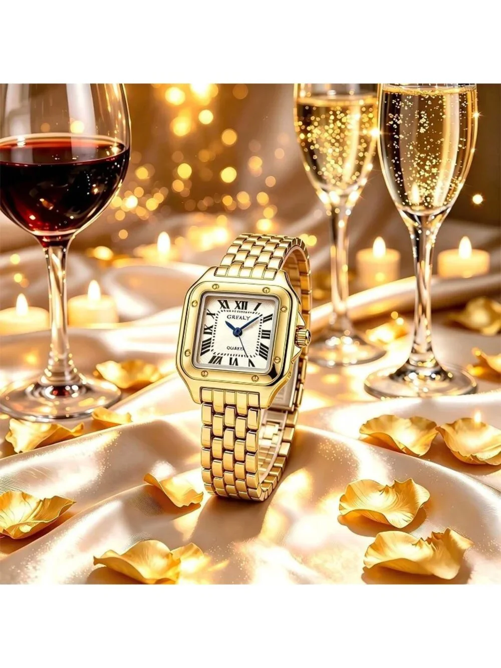 Women's Gold 2 Bracelets Set Roman Dial Bangle Stainless Steel Ladies Wristwatch